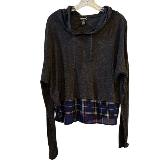 Wet Seal Women's XL Gray Hooded Sweatshirt with Plaid Hem - Picture 1 of 9
